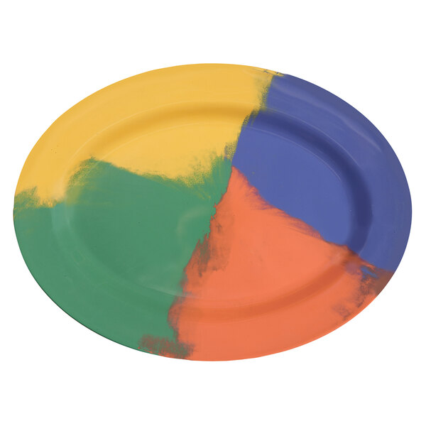 A white melamine oval platter with a colorful diamond pattern in the center.