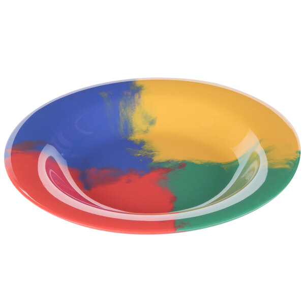 A white melamine bowl with a red, yellow, and blue diamond pattern.