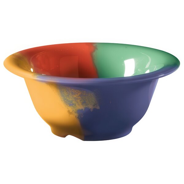 A white melamine bowl with colorful diamond patterns.