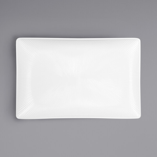 A white rectangular melamine tray with a gray border.