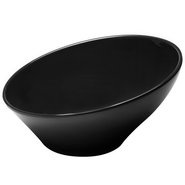 A black Elite Global Solutions slanted melamine bowl.