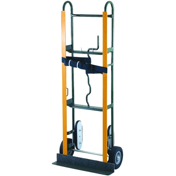 A Harper hand truck with solid rubber wheels and a black belt strap.