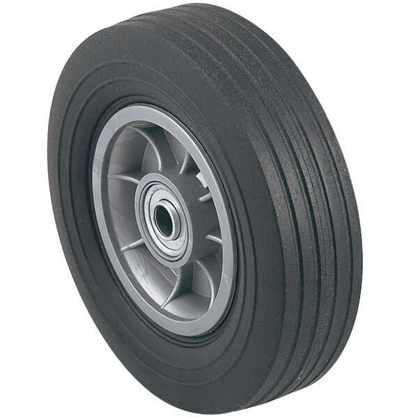 The black wheel of a Harper Appliance Truck with a white rim and black spokes.