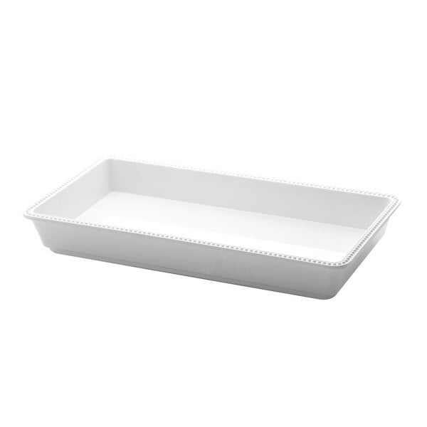 A white rectangular Elite Global Solutions melamine tray with a beaded edge.