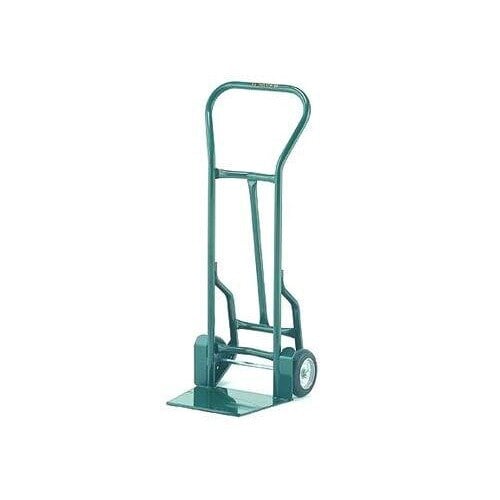 A green Harper hand truck with long legs and wheels.