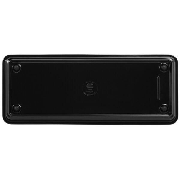 A black rectangular melamine tray with a silver logo.