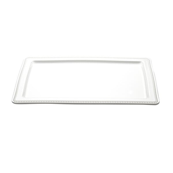 A white rectangular tray with a beaded border.