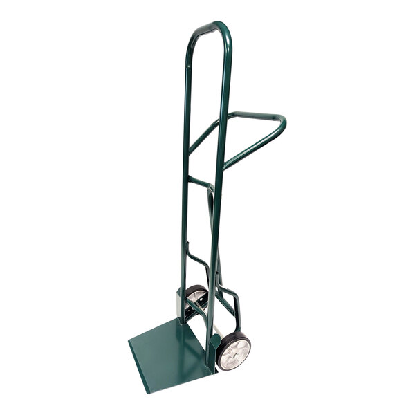 A green Harper hand truck with wheels and a handle.