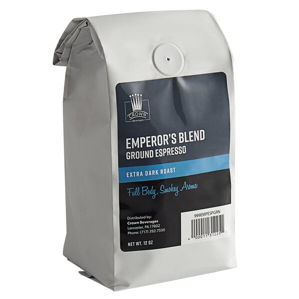 A white bag of Crown Beverages Emperor's Blend ground espresso with a label.