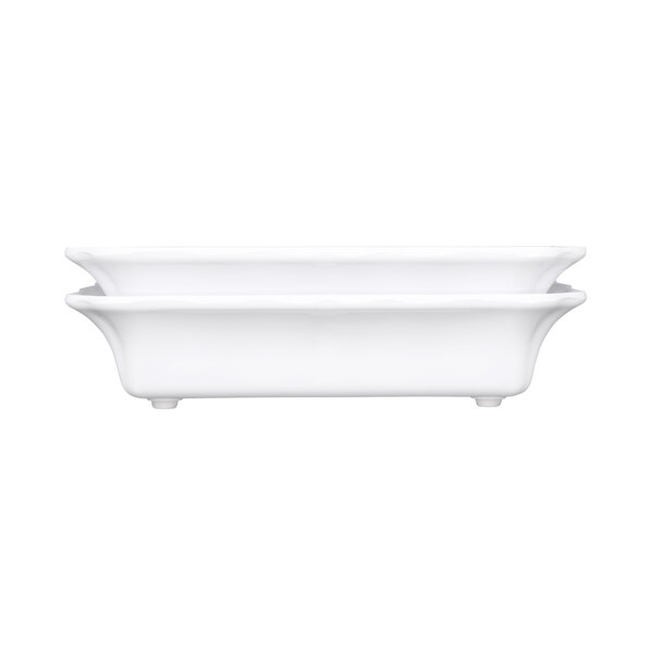 A white rectangular Elite Global Solutions melamine dish with two handles.