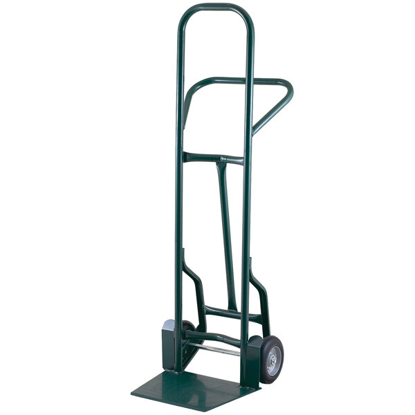 A green Harper hand truck with balloon cushion wheels.