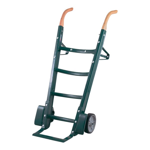 A green metal hand truck with wooden handles.