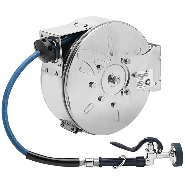 A silver and blue T&S hose attached to a stainless steel hose reel.