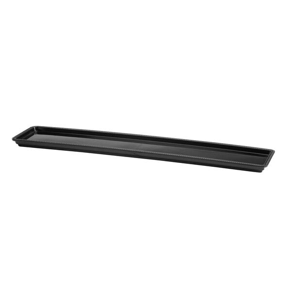 A rectangular black Elite Global Solutions melamine tray with a beaded edge.