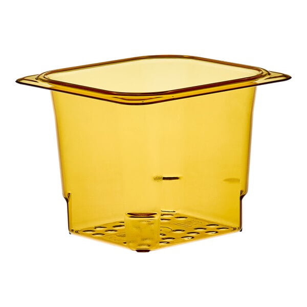 A yellow plastic 1/6 size colander pan with holes.