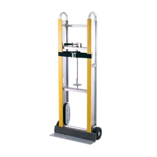 A yellow and silver Harper aluminum hand truck with 8" rubber wheels and a ratchet.