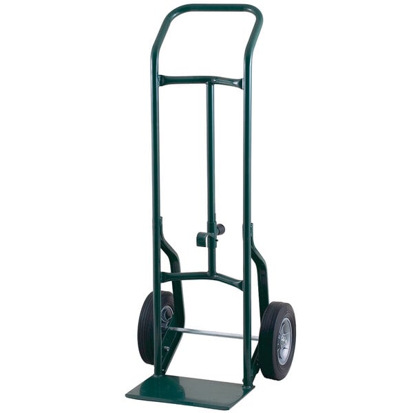 A green Harper steel hand truck with black wheels.
