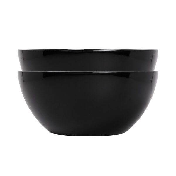 Two black Elite Global Solutions Belize melamine bowls on a white background.