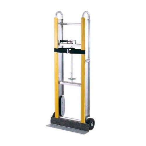 A yellow and silver Harper hand truck with wheels and a handle.