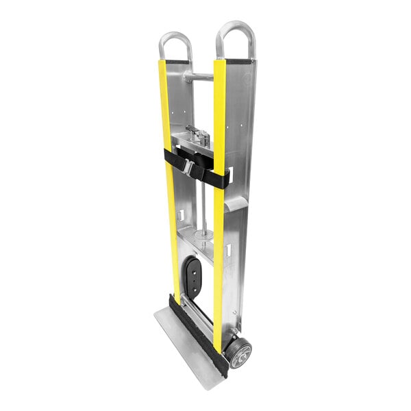 A silver and yellow Harper aluminum hand truck with wheels.