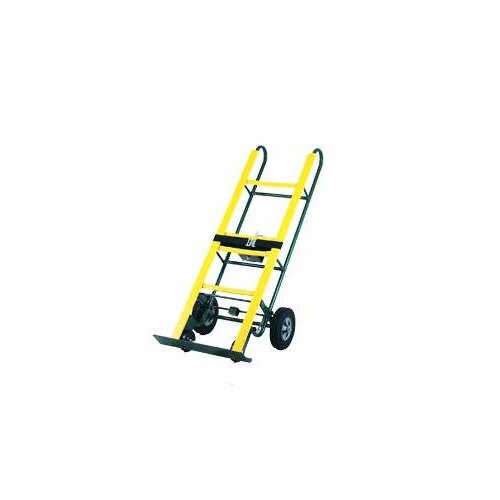 A yellow Harper hand truck with green wheels.