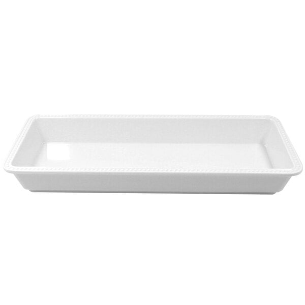 A white rectangular Elite Global Solutions melamine tray with a beaded edge.