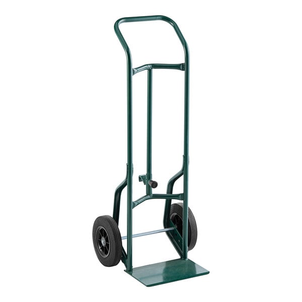 A green metal Harper hand truck with black wheels.