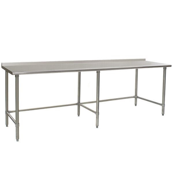 An Eagle Group stainless steel work table with an open base.