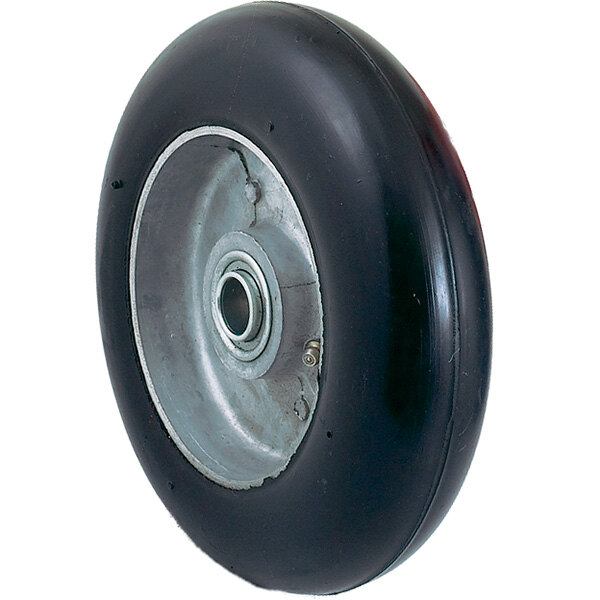 The wheel of a Harper hand truck with a metal rim.