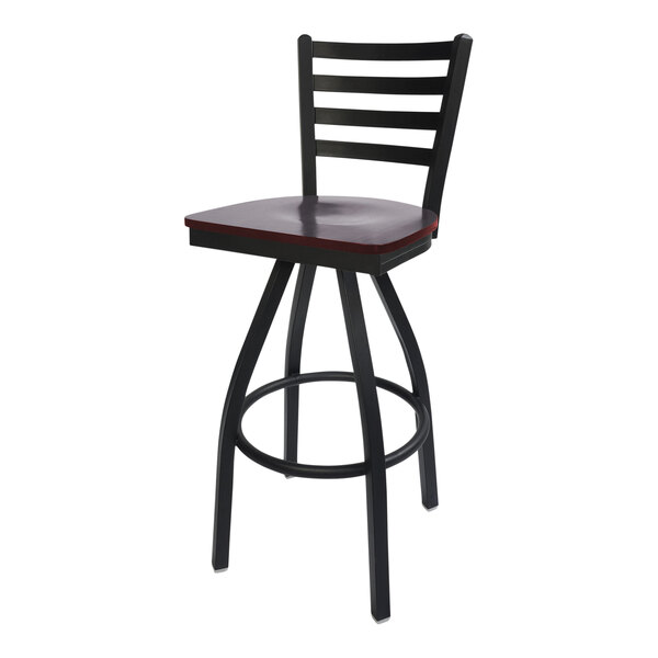 A black BFM Seating bar stool with a wooden swivel seat.