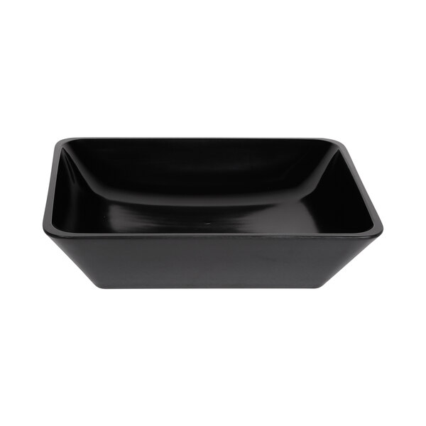 A black rectangular Elite Global Solutions melamine bowl.