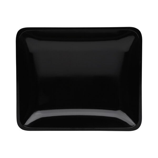 A black rectangular melamine bowl with a white border.