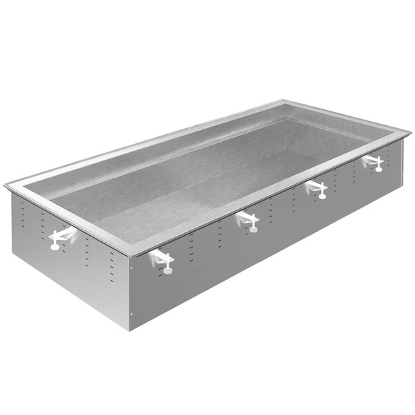 A Vollrath stainless steel drop-in refrigerated cold food well with white knobs.
