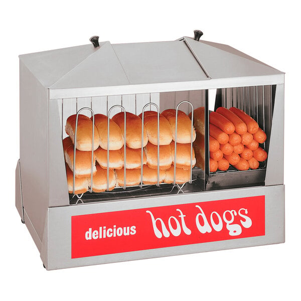 A Star hot dog steamer filled with hot dogs and buns.