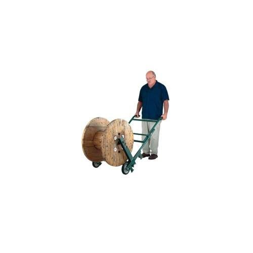 A man using a Harper Wheel N Reel Hand Truck to move a large reel.
