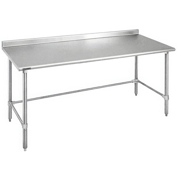 A Eagle Group stainless steel open base work table with a 1 1/2 inch backsplash on metal legs.