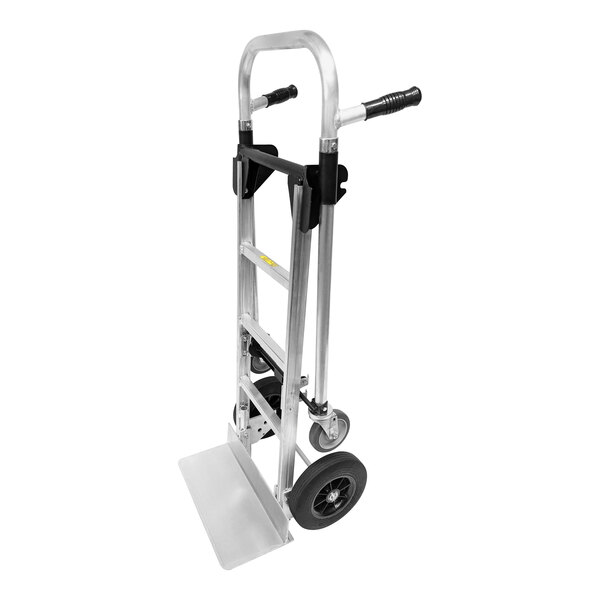 A silver Harper Mega Truck Junior aluminum hand truck with wheels and a handle.