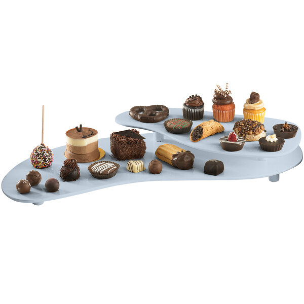 A Tablecraft gray cast aluminum two tiered platter with chocolate desserts displayed on it.