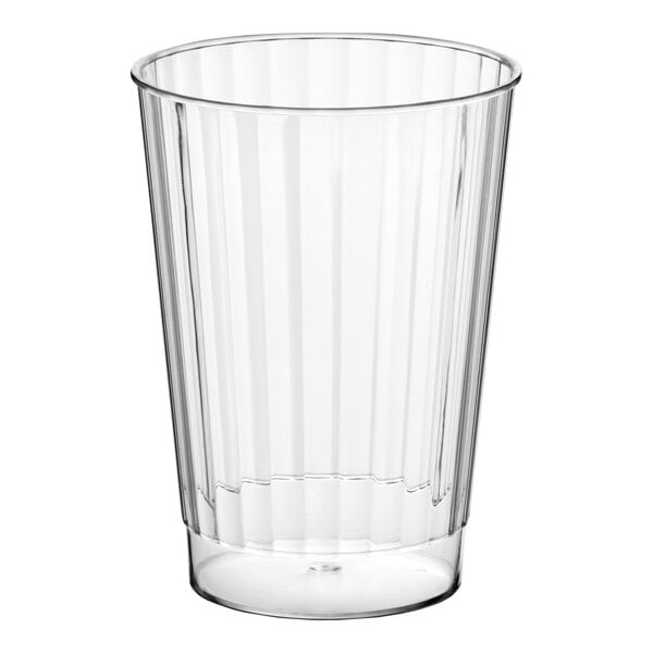A clear, hard plastic tumbler with a 12 oz. capacity and a fluted design.