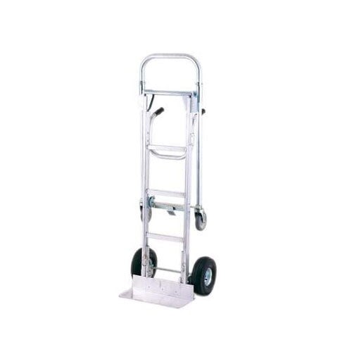 A silver Harper Mega Truck Senior aluminum hand truck with wheels and a handle.