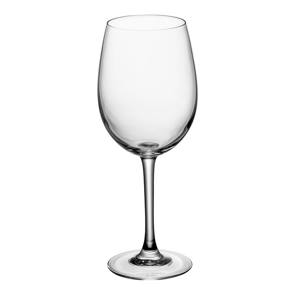 A close-up of a clear Chef & Sommelier tall wine glass with a stem.