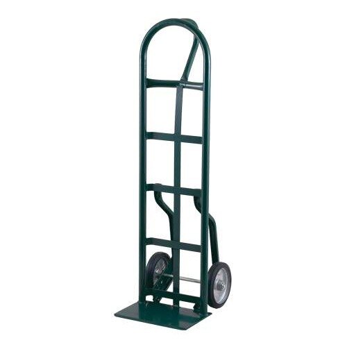 A green Harper steel hand truck with loop handle and pneumatic wheels.