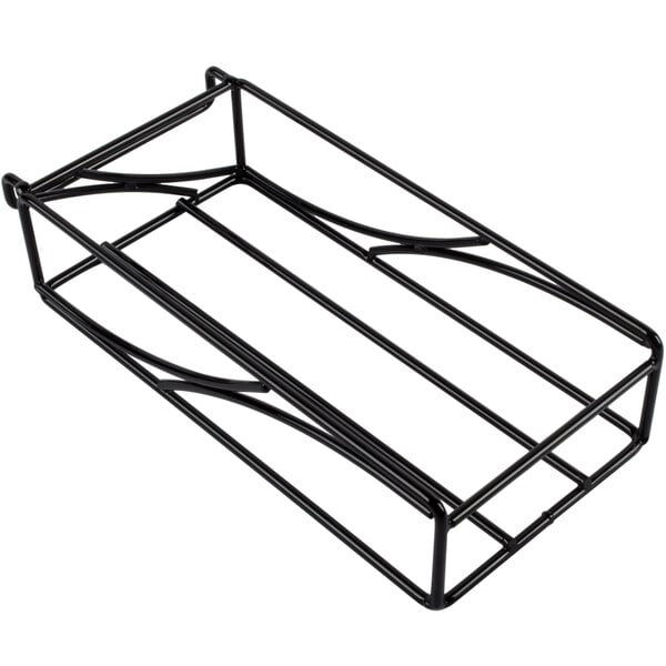 A black metal Cal-Mil 3-tier flatware display rack.