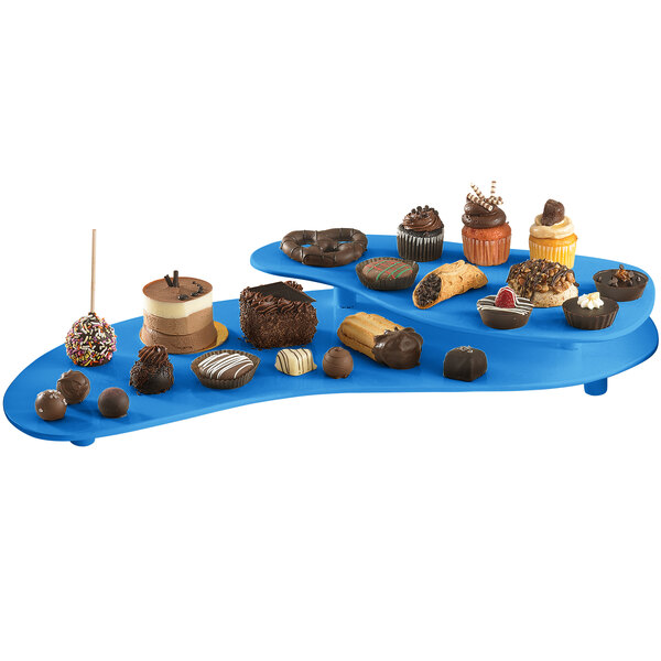 A Tablecraft sky blue cast aluminum two tiered platter with different types of desserts on it.