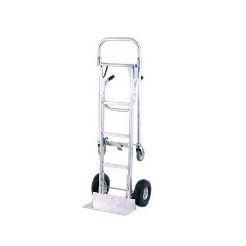 A close-up of the Harper senior aluminum hand truck with wheels and a handle.