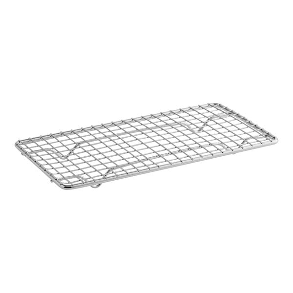 A rectangular, metal, footed pan grate designed for use with steam table pans.