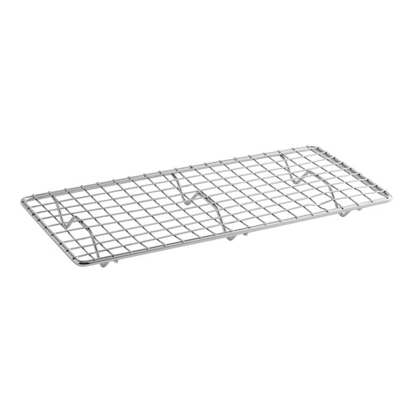 A rectangular, metal, footed pan grate designed for use with a 1/4 size steam table pan.