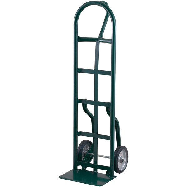 A green Harper hand truck with pneumatic wheels.
