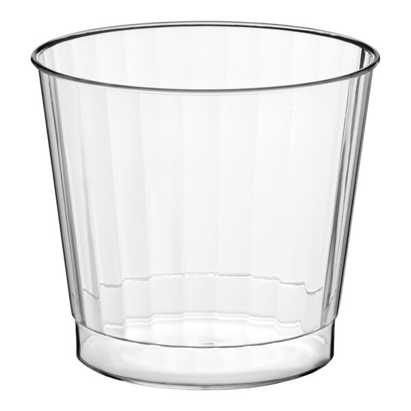 A clear 9 oz. hard plastic crystal tumbler.