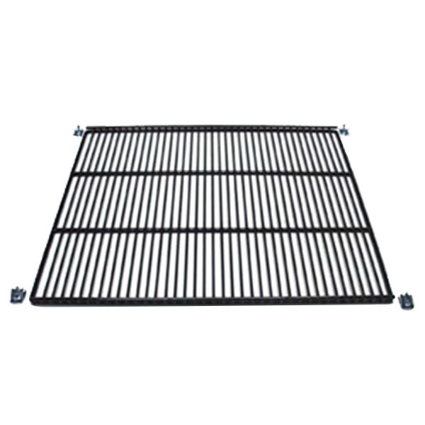 A black metal grid shelf with screws.
